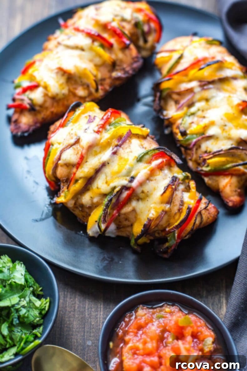 Hasselback Fiesta Chicken with Smoky Fajita Filling 2 Grilled Hassleback Fajita Stuffed Chicken with colorful bell peppers and melted cheese