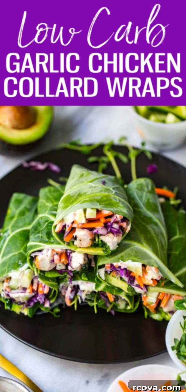 Collard-Wrapped Garlic Chicken 10 These Low Carb Garlic Chicken Collard Wraps are a healthy lunch idea with veggies, avocado and a homemade vegan garlic sauce! #lowcarb #collardwraps
