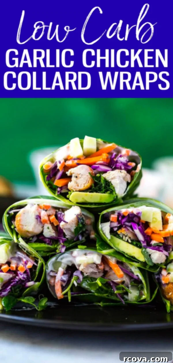 Collard-Wrapped Garlic Chicken 11 These Low Carb Garlic Chicken Collard Wraps are a healthy lunch idea with veggies, avocado and a homemade vegan garlic sauce! #lowcarb #collardwraps