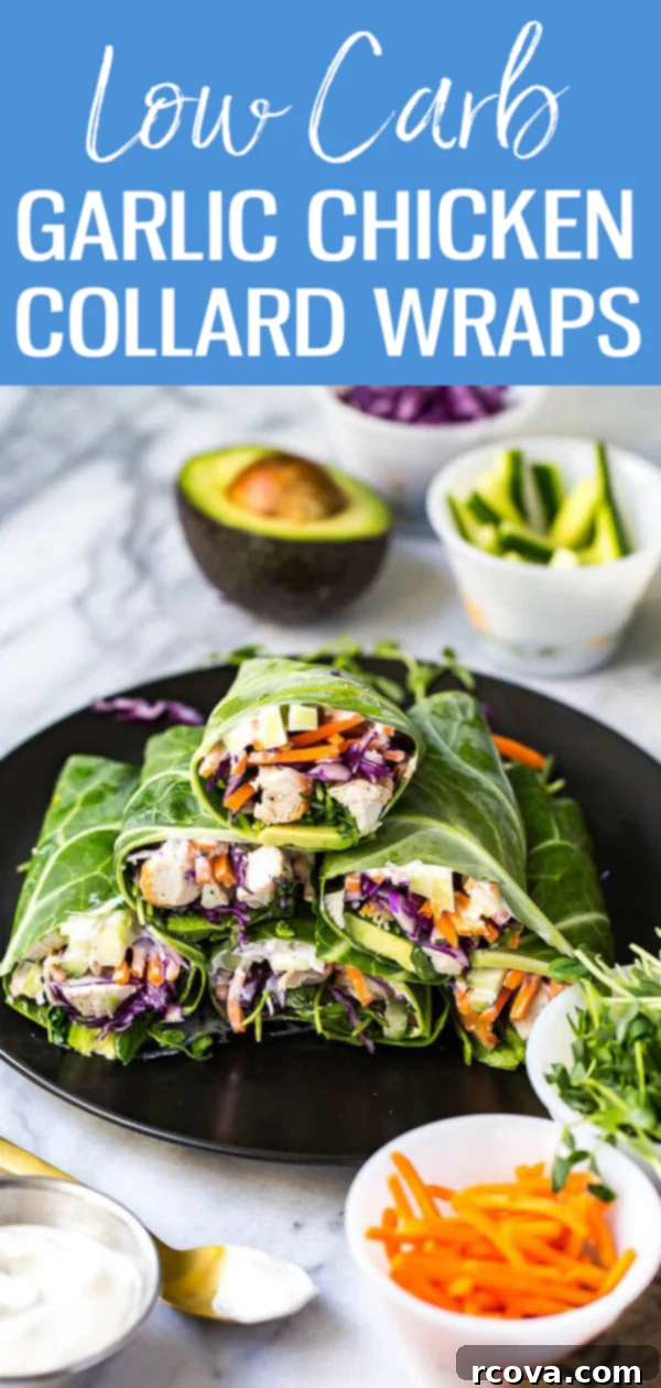 Collard-Wrapped Garlic Chicken 12 These Low Carb Garlic Chicken Collard Wraps are a healthy lunch idea with veggies, avocado and a homemade vegan garlic sauce! #lowcarb #collardwraps