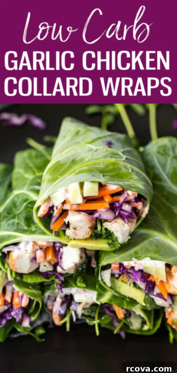 Collard-Wrapped Garlic Chicken 13 These Low Carb Garlic Chicken Collard Wraps are a healthy lunch idea with veggies, avocado and a homemade vegan garlic sauce! #lowcarb #collardwraps