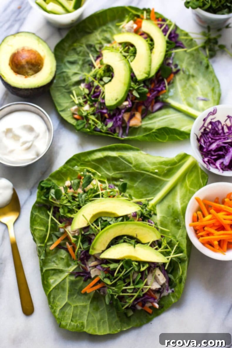 Collard-Wrapped Garlic Chicken 4 These Low Carb Garlic Chicken Collard Wraps are a delicious and healthy lunch idea jam-packed with veggies and a homemade vegan garlic sauce!