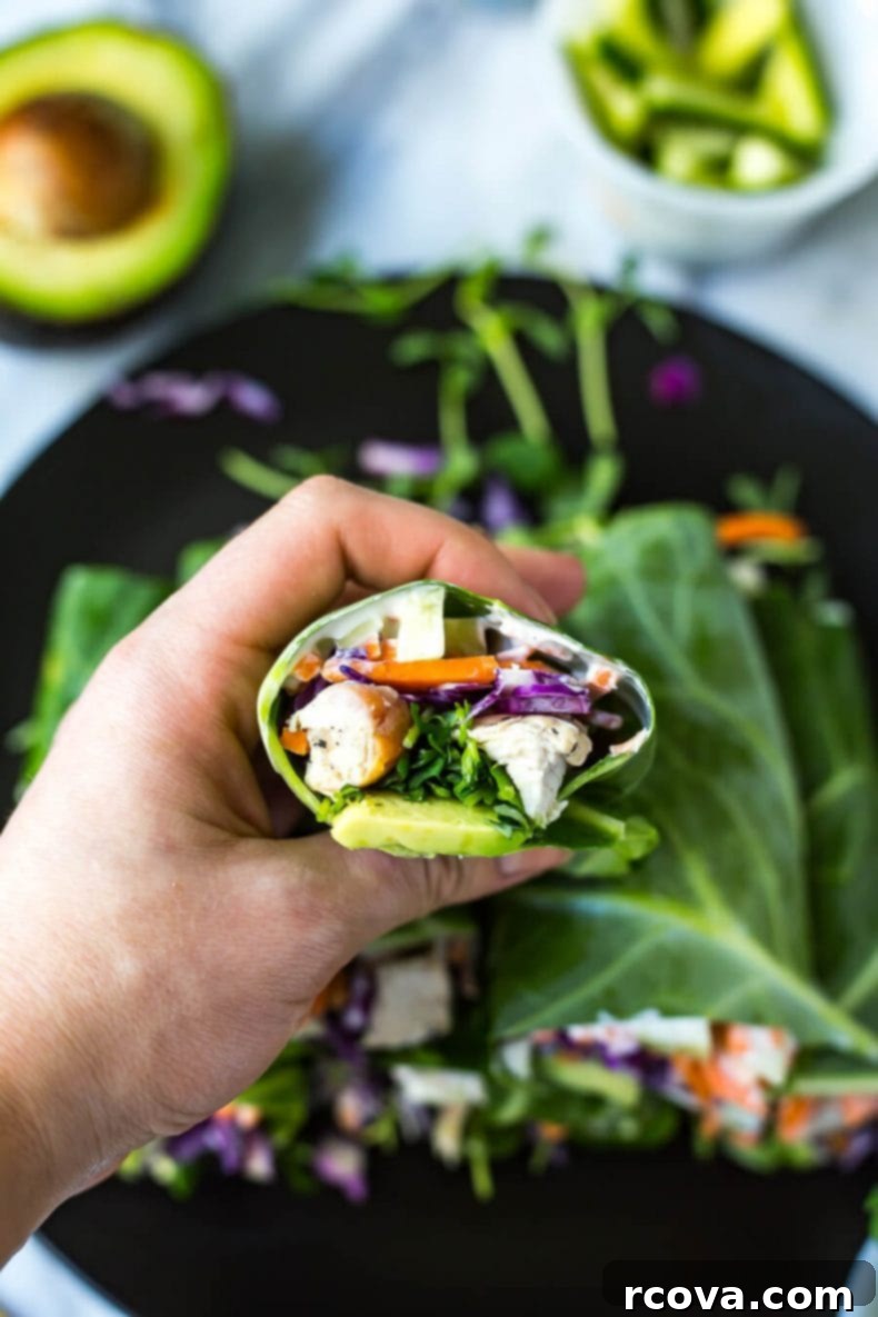 Collard-Wrapped Garlic Chicken 5 These Low Carb Garlic Chicken Collard Wraps are a delicious and healthy lunch idea jam-packed with veggies and a homemade vegan garlic sauce!