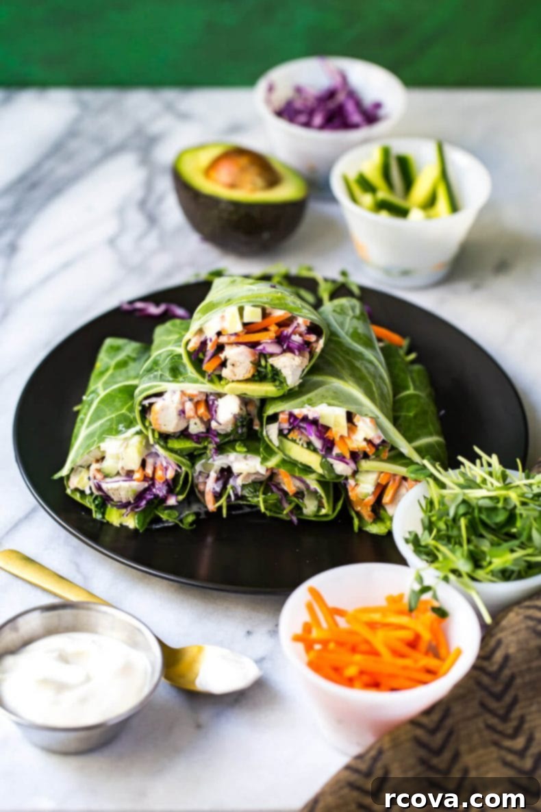 Collard-Wrapped Garlic Chicken 6 These Low Carb Garlic Chicken Collard Wraps are a delicious and healthy lunch idea jam-packed with veggies and a homemade vegan garlic sauce!