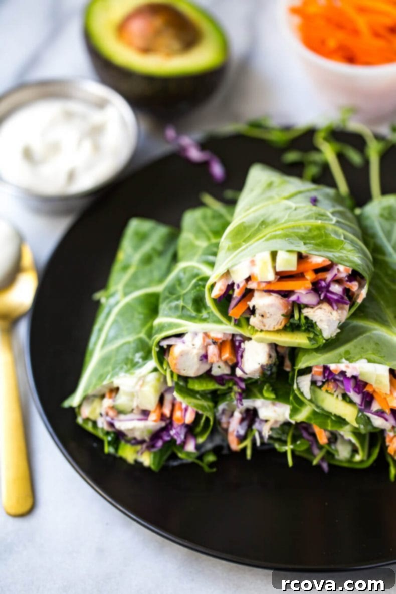 Collard-Wrapped Garlic Chicken 8 These Low Carb Garlic Chicken Collard Wraps are a delicious and healthy lunch idea jam-packed with veggies and a homemade vegan garlic sauce!