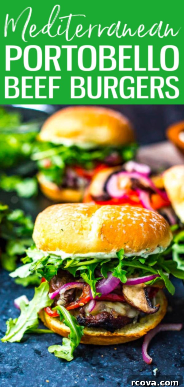Vibrant Mediterranean Portobello Beef Burgers 10 These Mediterranean Portobello Beef Burgers are a healthy BBQ recipe topped with garlic herb cheese, roasted red peppers and basil mayo. #portobellomushroom #mediterraneanburger