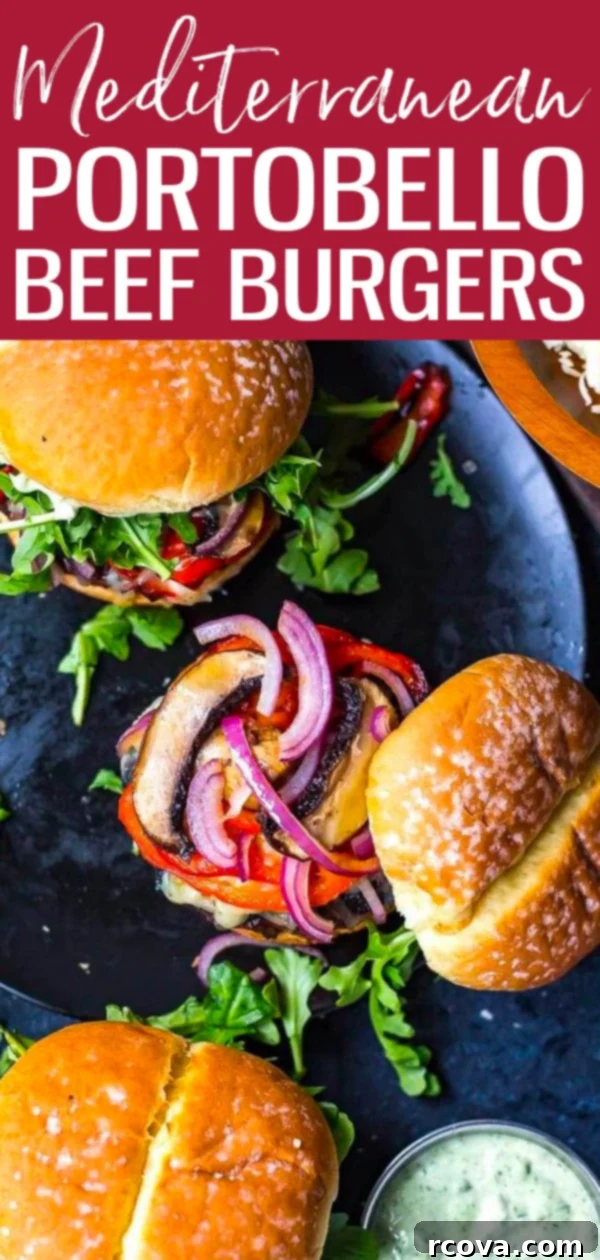 Vibrant Mediterranean Portobello Beef Burgers 11 These Mediterranean Portobello Beef Burgers are a healthy BBQ recipe topped with garlic herb cheese, roasted red peppers and basil mayo. #portobellomushroom #mediterraneanburger