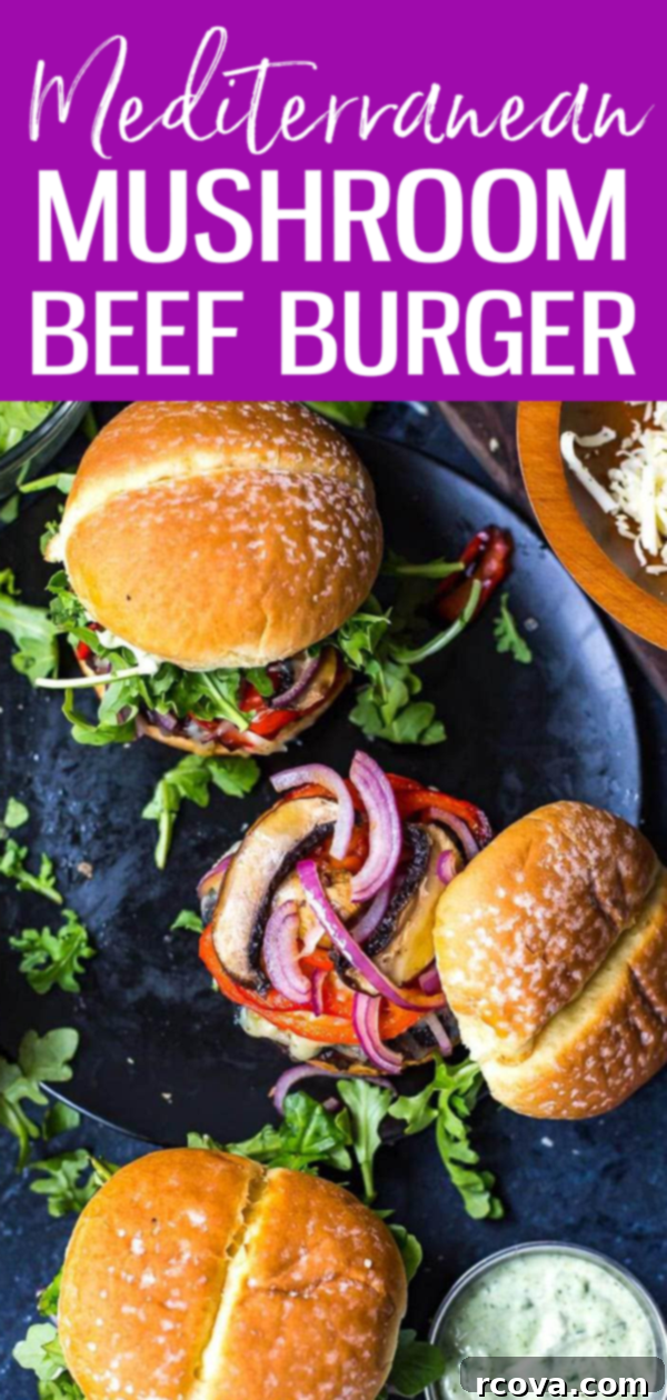 Vibrant Mediterranean Portobello Beef Burgers 12 Mediterranean Portobello Beef Burgers are a healthy BBQ recipe topped with garlic herb cheese, roasted red peppers, arugula & basil mayo. #portobellomushroom #mediterraneanburger