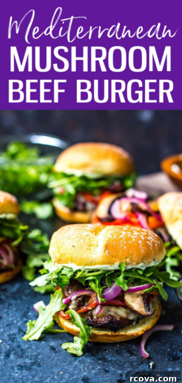 Vibrant Mediterranean Portobello Beef Burgers 13 Mediterranean Portobello Beef Burgers are a healthy BBQ recipe topped with garlic herb cheese, roasted red peppers, arugula & basil mayo. #portobellomushroom #mediterraneanburger