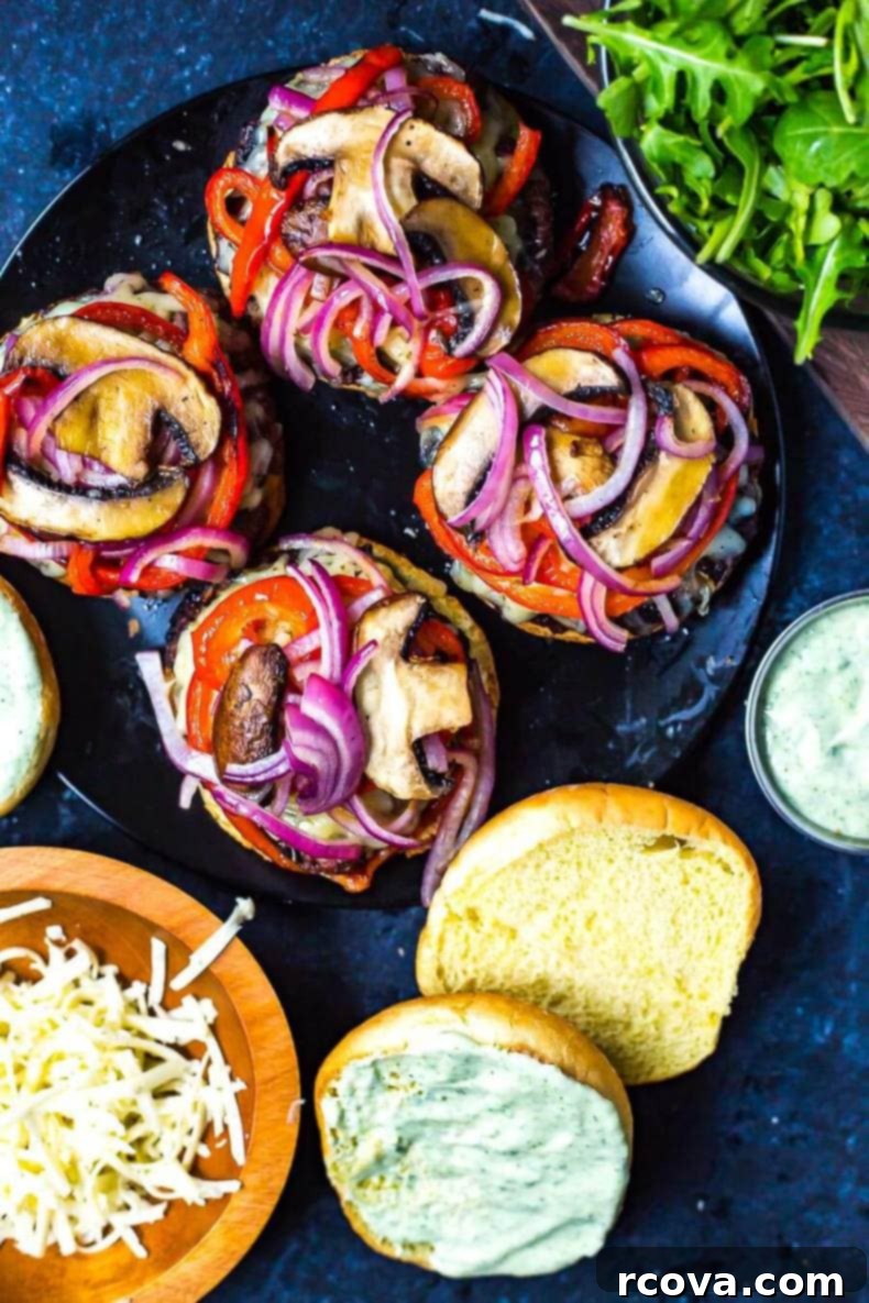 Vibrant Mediterranean Portobello Beef Burgers 7 Mediterranean Portobello Beef Burgers with fresh toppings
