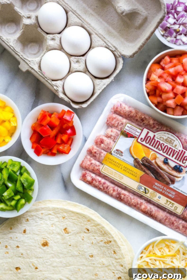 Weekend Prep Tex Mex Breakfast Quesadillas 4 Fresh ingredients for Tex Mex breakfast quesadillas including eggs, sausage, peppers, and cheese