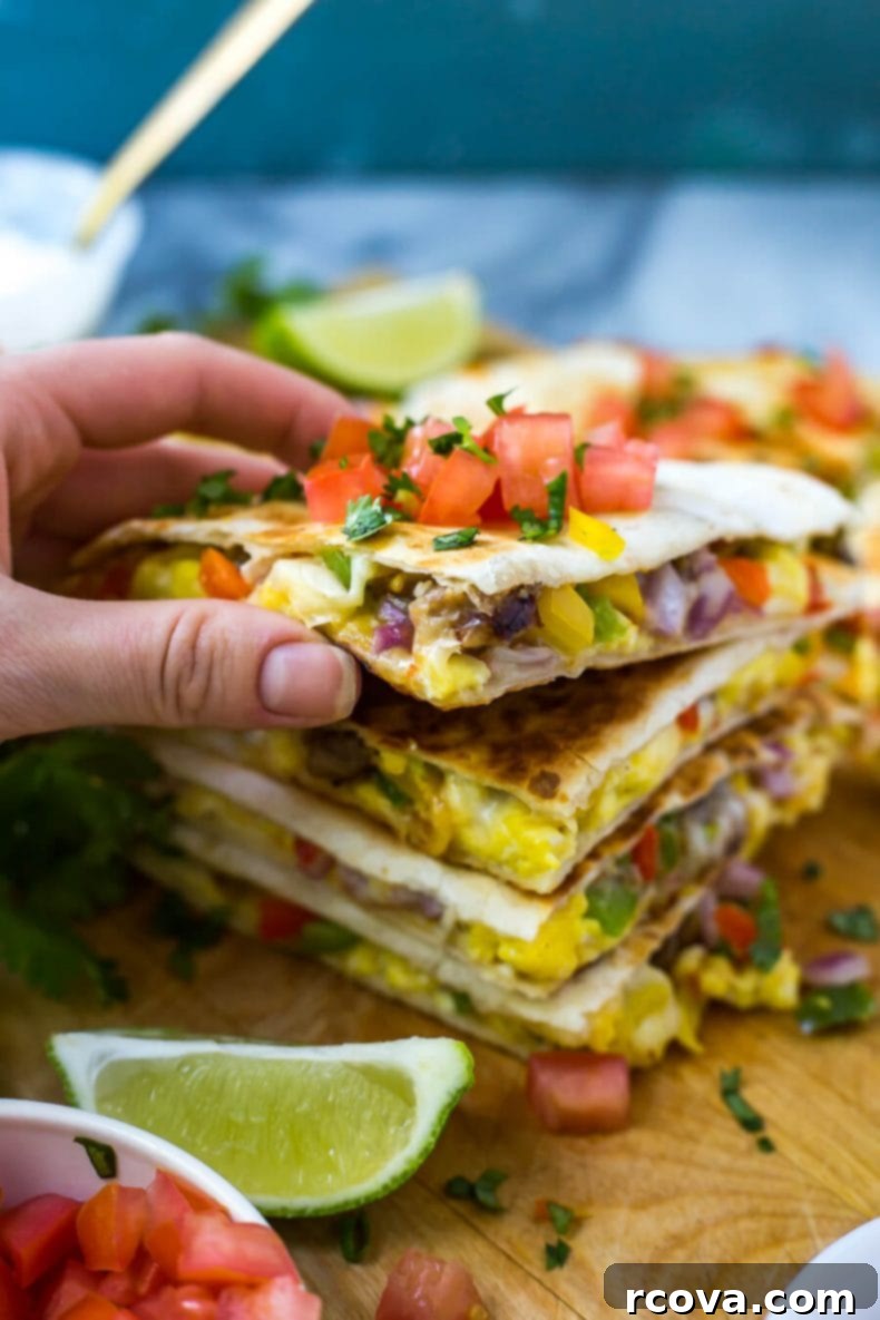 Weekend Prep Tex Mex Breakfast Quesadillas 5 Freshly cooked Tex Mex breakfast quesadillas, cut in half and ready to serve