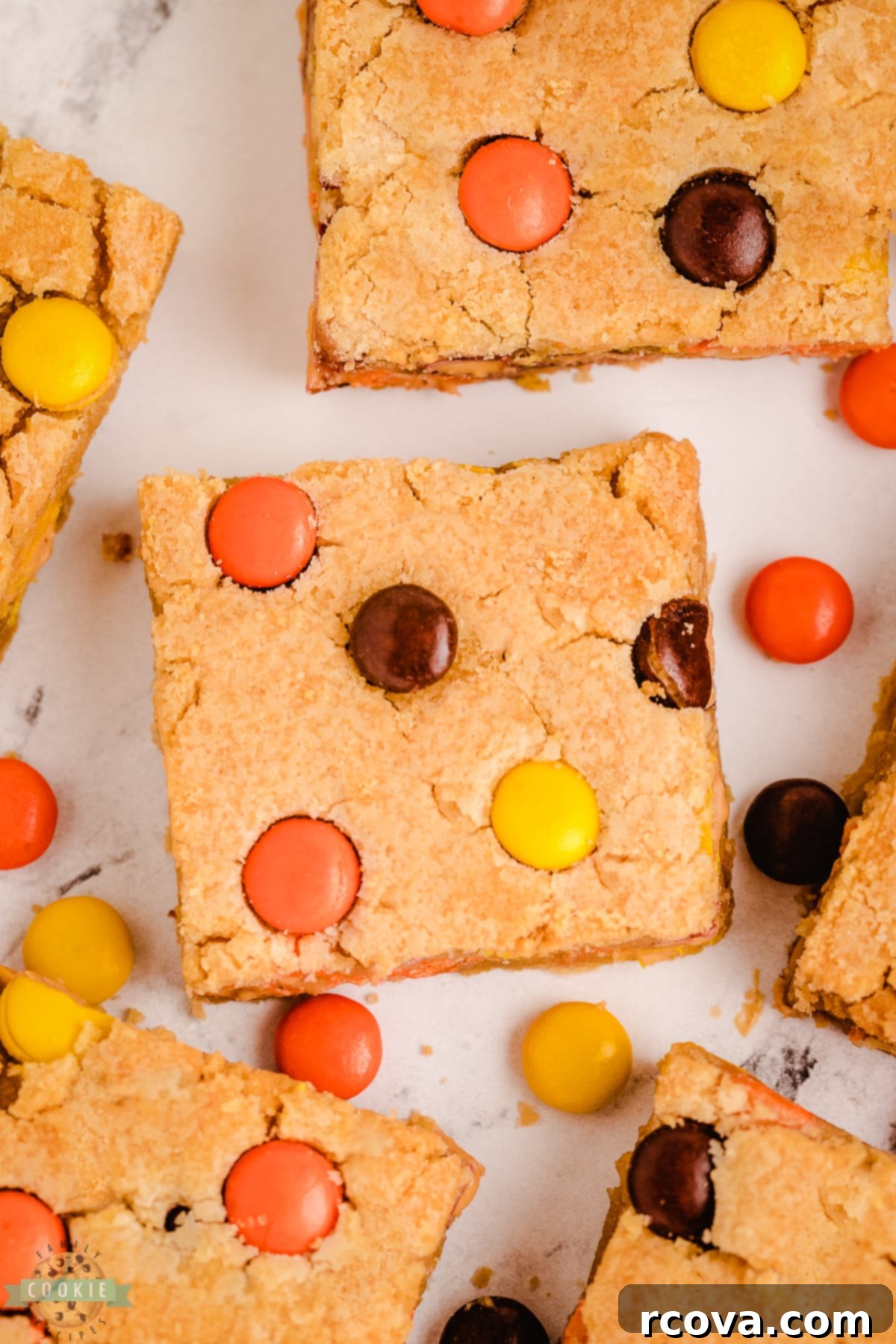Ultimate Reeses Cookie Bars 3 cookie bars with reese's pieces