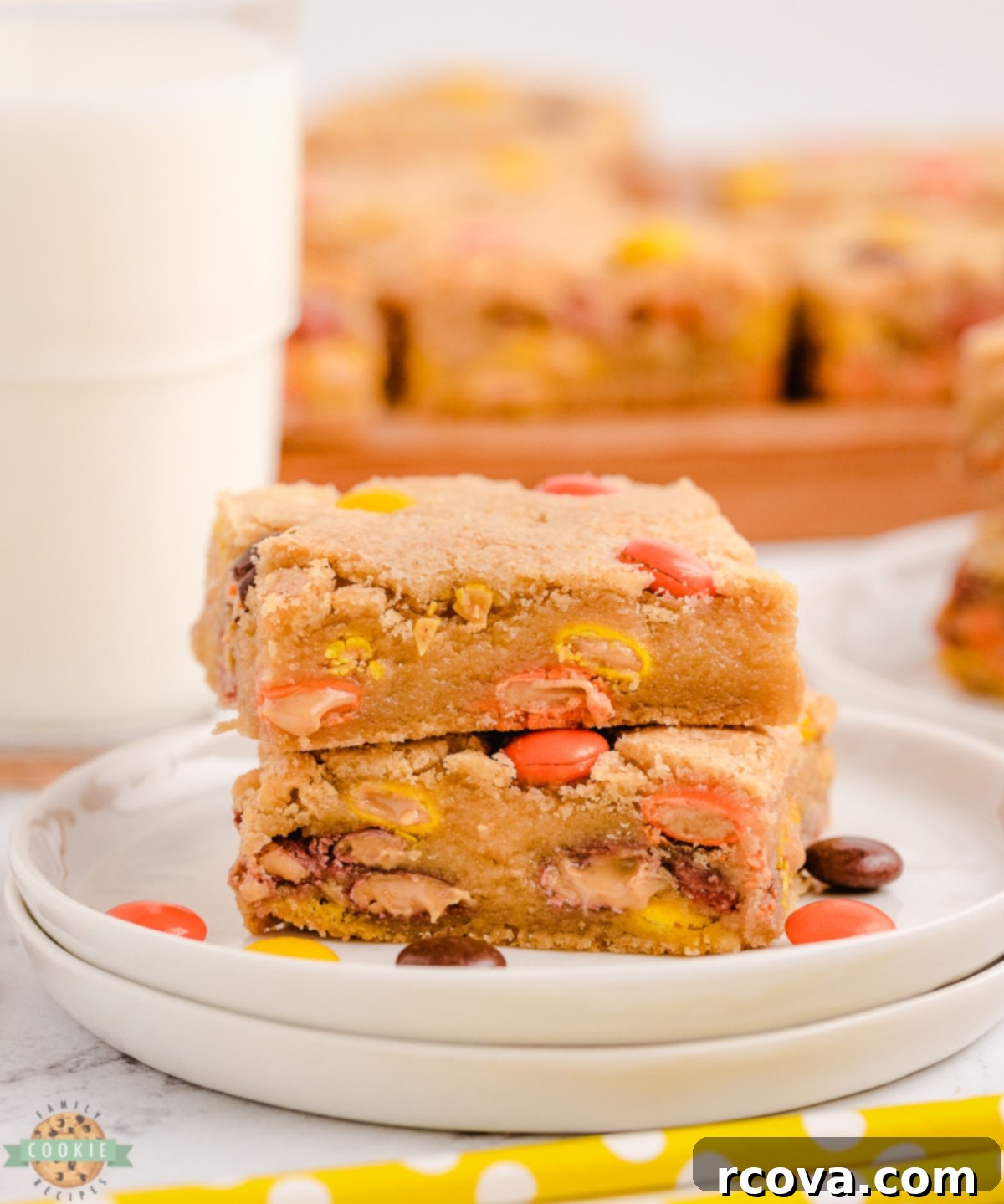 Ultimate Reeses Cookie Bars 6 stack of reese's cookie bars