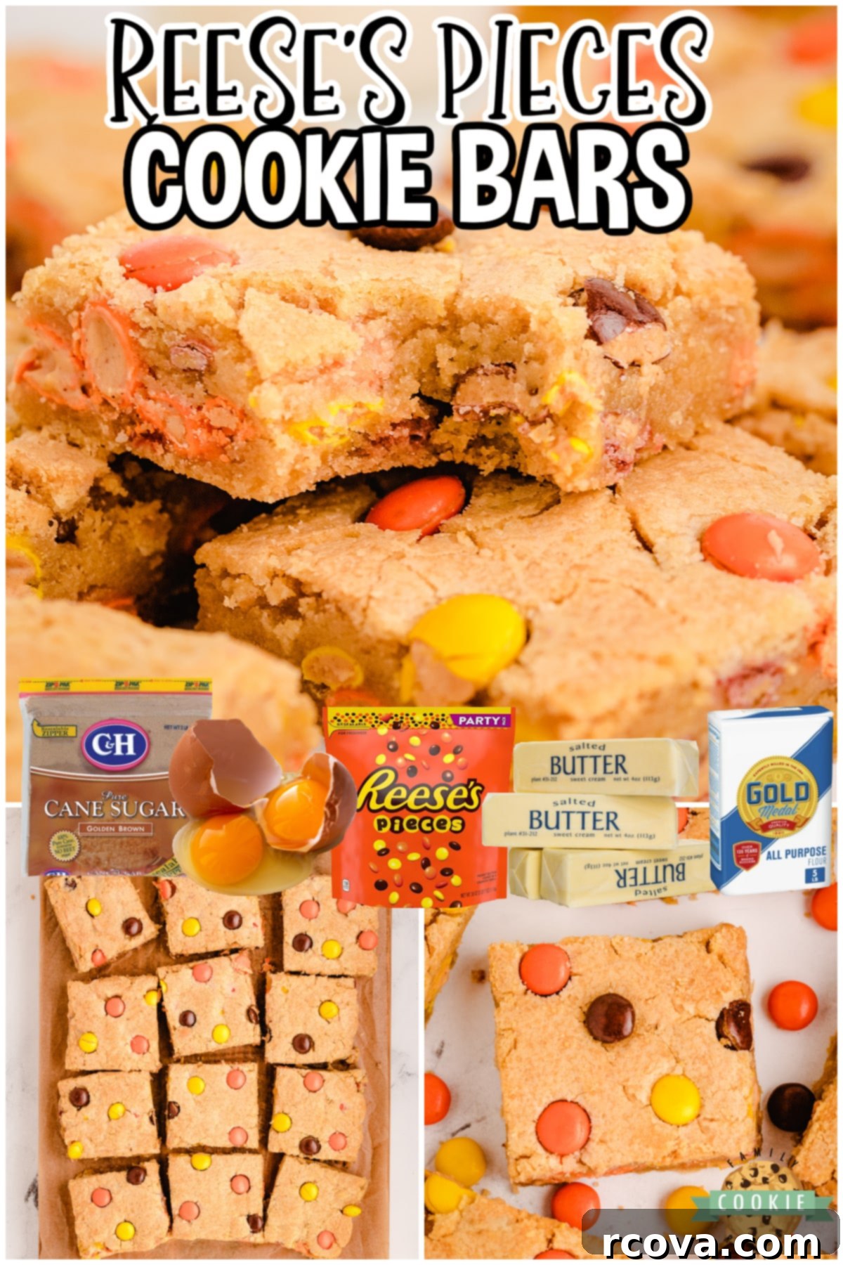 Ultimate Reeses Cookie Bars 7 These easy Reese's Cookie Bars are made with Reese's Pieces in a simple cookie dough recipe! Sweet and delightful cookie bars loaded with Reese's candies.
