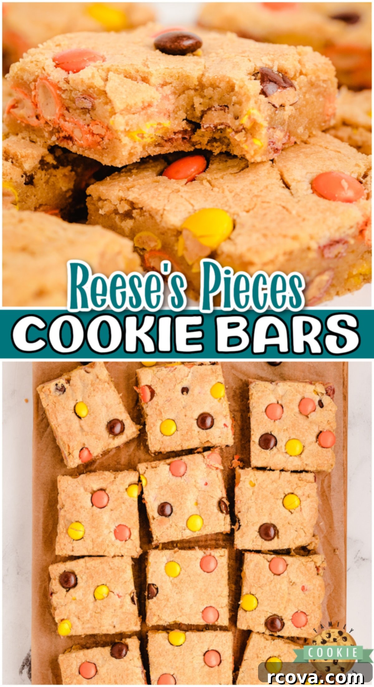 Ultimate Reeses Cookie Bars 8 These easy Reese's Cookie Bars are made with Reese's Pieces in a simple cookie dough recipe! Sweet and delightful cookie bars loaded with Reese's candies.