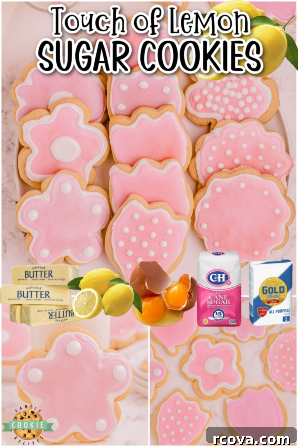 Zesty Lemon Shaped Sugar Cookies 7 Lemon Cut Out Sugar Cookies topped with a sweet royal icing tinted in darling Spring colors! Lovely sugar cookie recipe with a hint of lemon flavor!