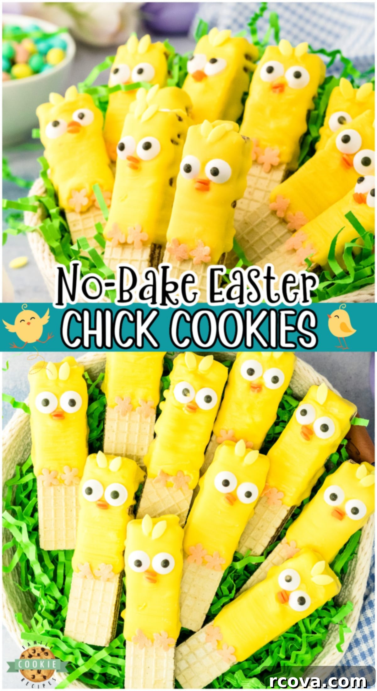 Simple No-Bake Easter Chick Treats 13 Easy No-Bake Easter Chick Cookies made with wafer cookies dipped in candy coating & decorated to look like darling baby chicks! Simple, quick & fun Easter cookie recipe that's done in under an hour!