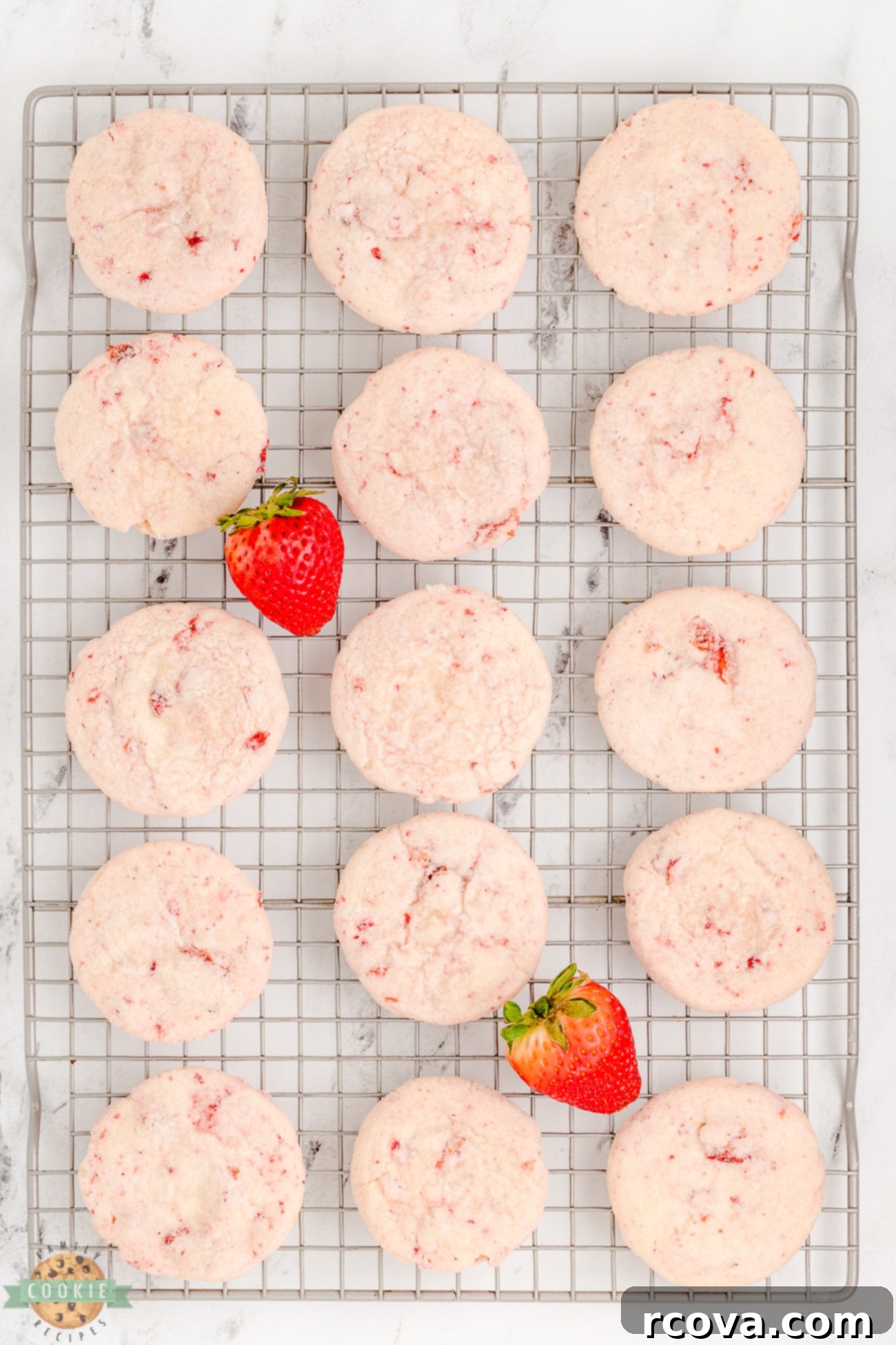 Luscious Strawberry Cream Cheese Sugar Cookies 5 Freshly baked strawberry cream cheese sugar cookies cooling on a wire rack