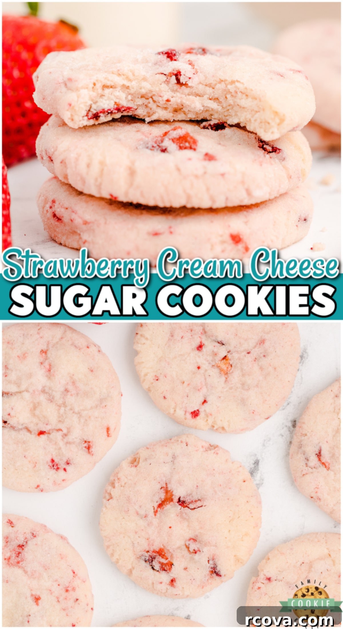 Luscious Strawberry Cream Cheese Sugar Cookies 10 Strawberry Cream Cheese Sugar Cookies are tender & sweet with amazing texture! Perfect sugar cookies with a strawberry twist!