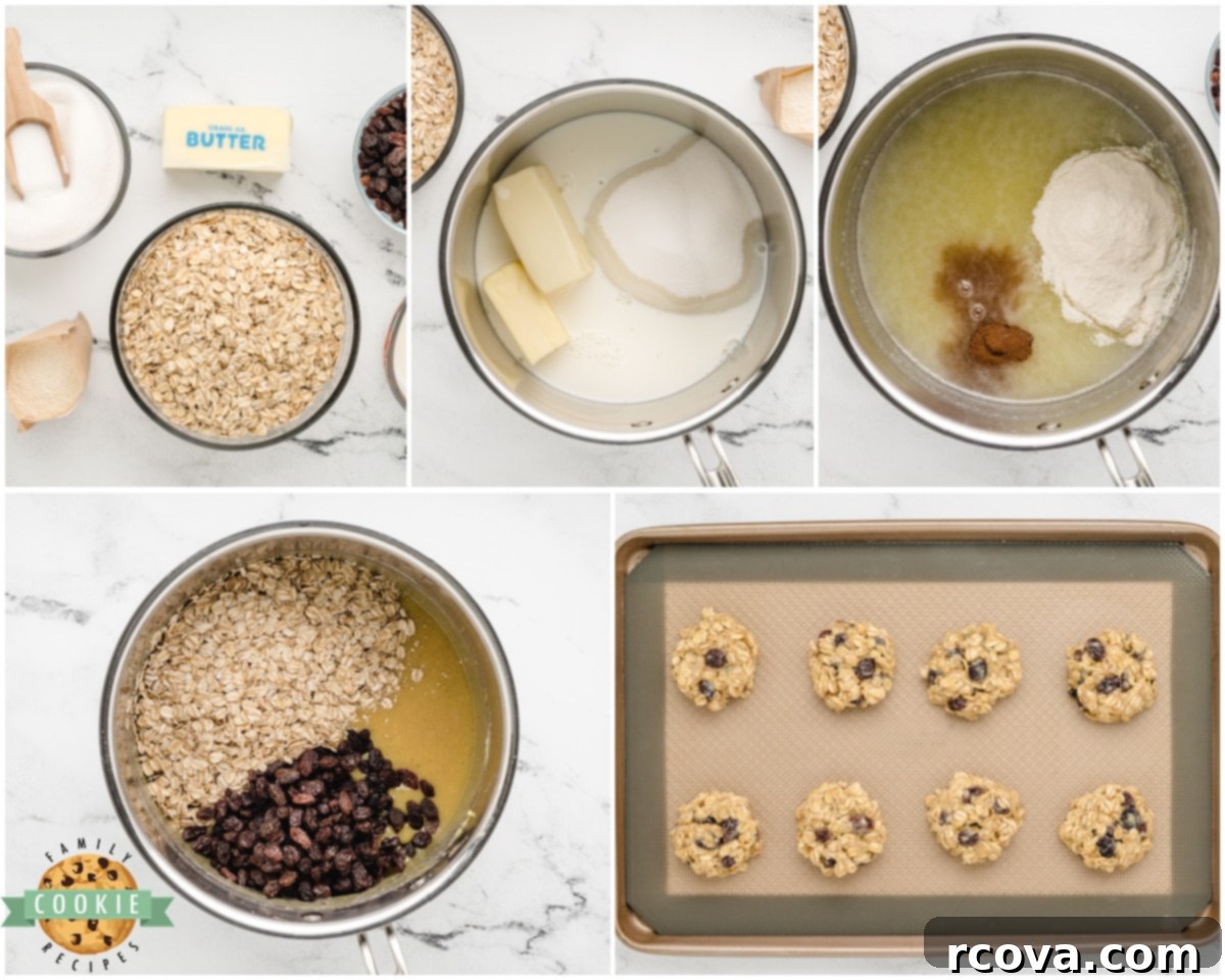 Easy No-Bake Oatmeal Raisin Cookies 4 ingredients laid out for making no bake oatmeal raisin cookies