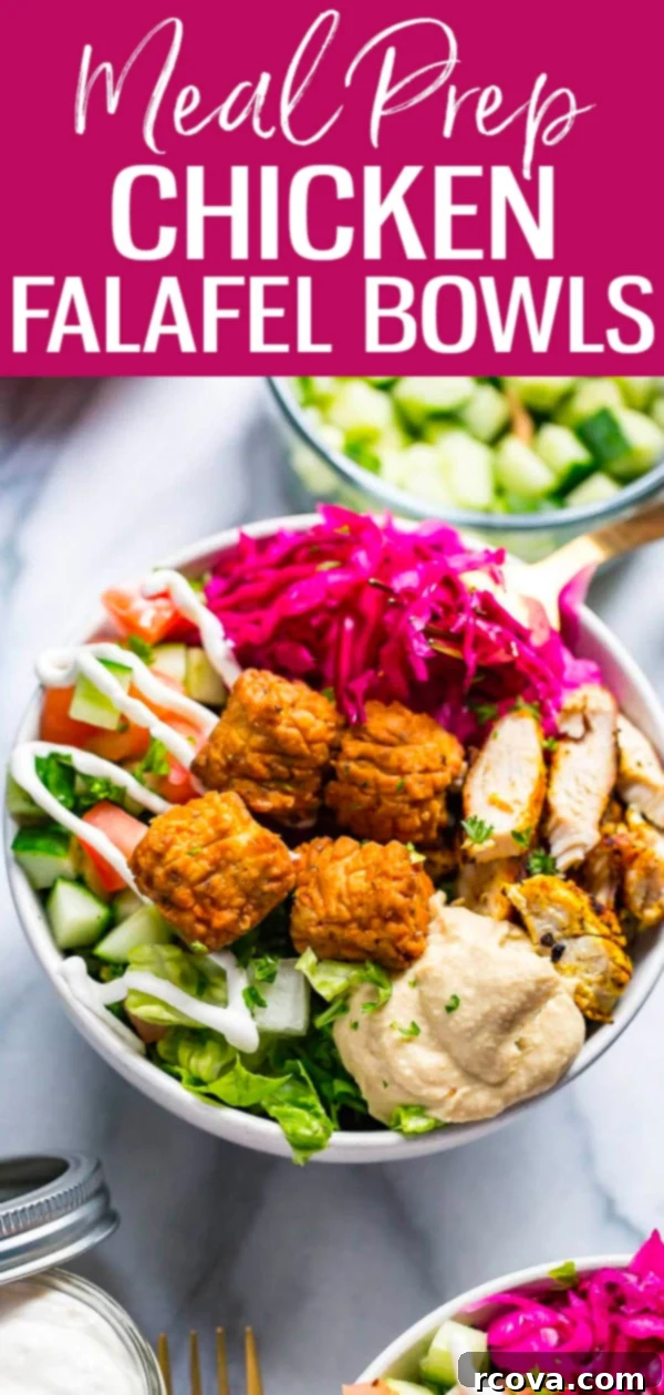 Mediterranean Chicken Falafel Bowls 11 These Chicken Falafel Bowls are a healthy version of your favorite street food loaded with veggies, hummus and homemade garlic sauce. #mealprep #falafel
