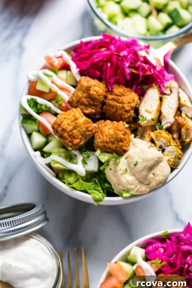 Mediterranean Chicken Falafel Bowls 4 Close-up of freshly grilled chicken shawarma for falafel bowls