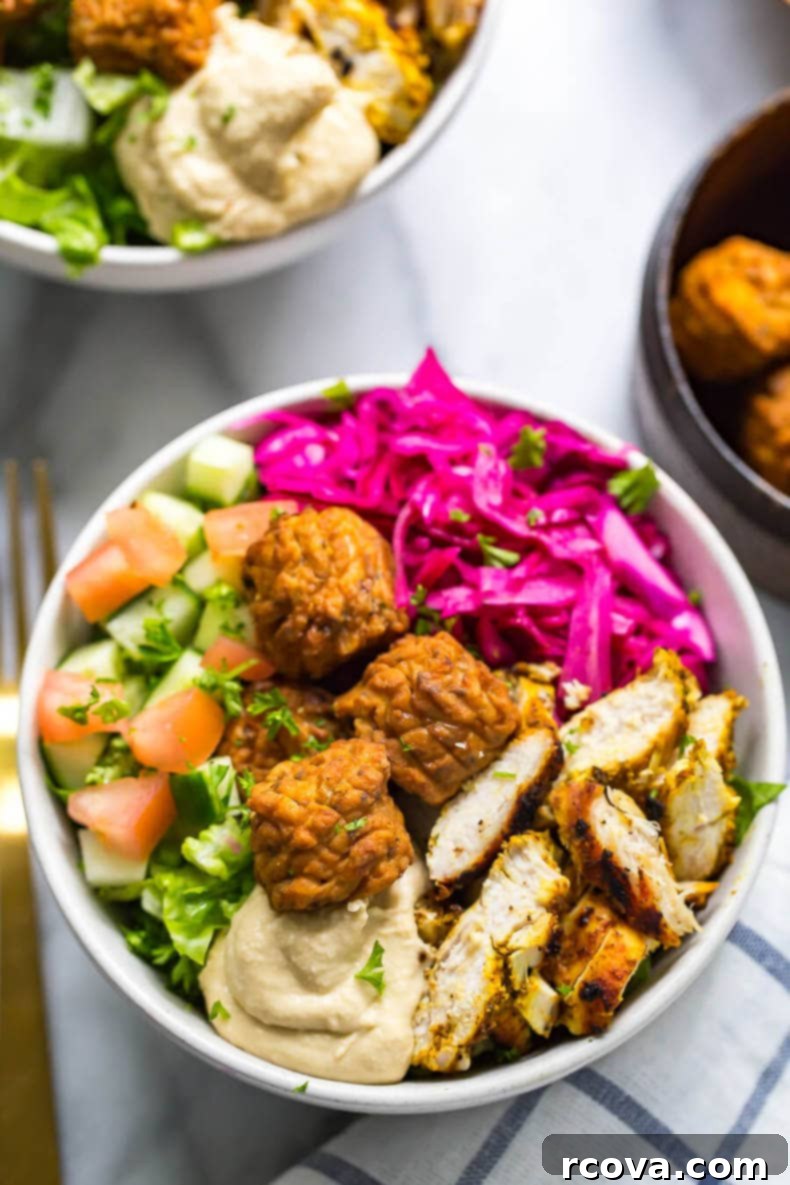 Mediterranean Chicken Falafel Bowls 6 Close-up of crispy baked falafels in a Buddha bowl