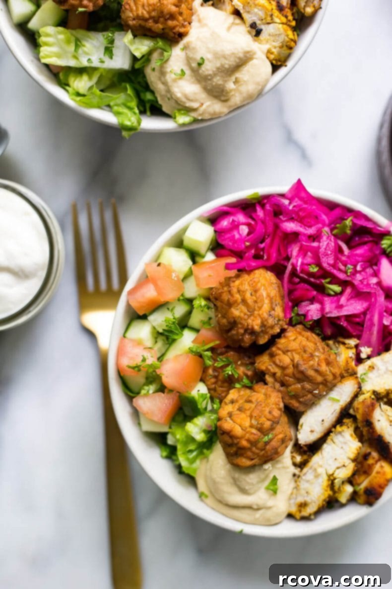 Mediterranean Chicken Falafel Bowls 7 Overhead shot of two delicious Chicken Falafel Bowls