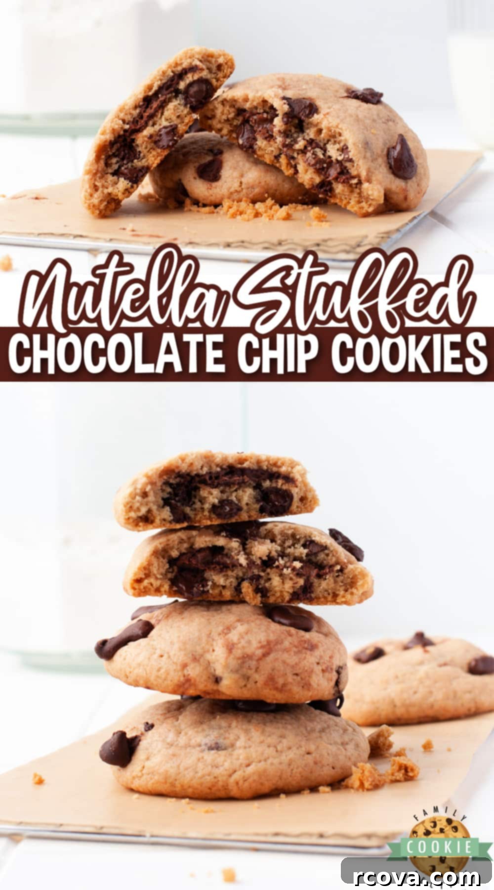 Gooey Nutella Stuffed Chocolate Chip Cookies 16 Close-up of a warm, perfectly baked Nutella Stuffed Chocolate Chip Cookie, with melted Nutella inside