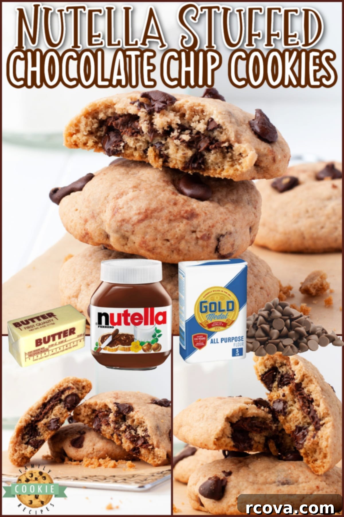 Gooey Nutella Stuffed Chocolate Chip Cookies 8 A stunning collage of Nutella Stuffed Chocolate Chip Cookies, highlighting their delicious appearance