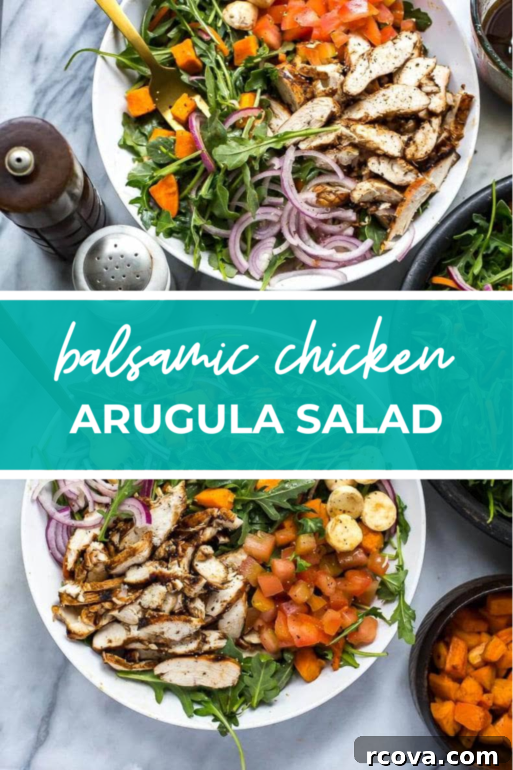 Chargrilled Chicken and Peppery Arugula Salad 9 Overhead shot of plated dish with green banner in the middle - reading "balsamic chicken arugula salad"