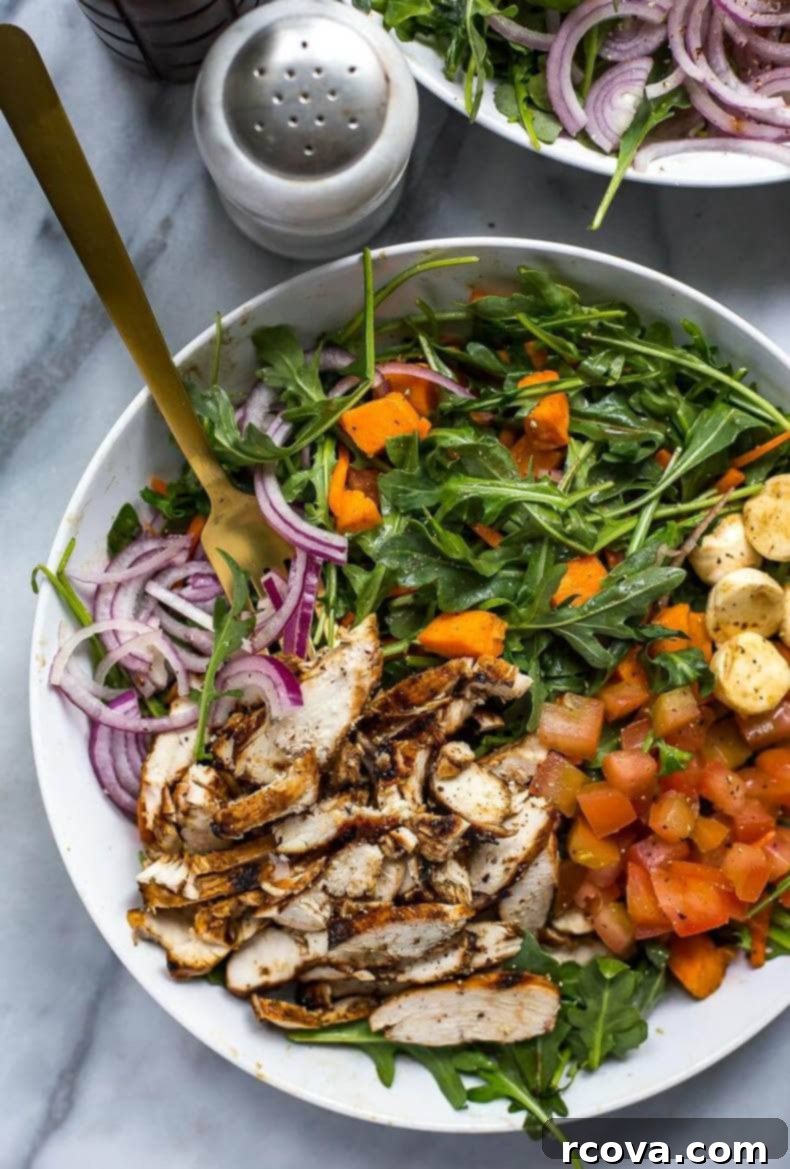 Chargrilled Chicken and Peppery Arugula Salad 6 Another dynamic shot of the Balsamic Grilled Chicken and Arugula Salad, highlighting its fresh components.