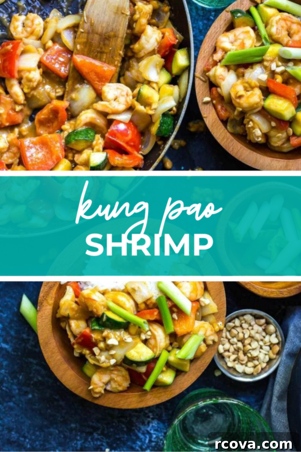 Easy 30-Minute Kung Pao Shrimp 9 Overhead shot of kung pao shrimp in serving bowls, blue banner reading "kung pao shrimp"