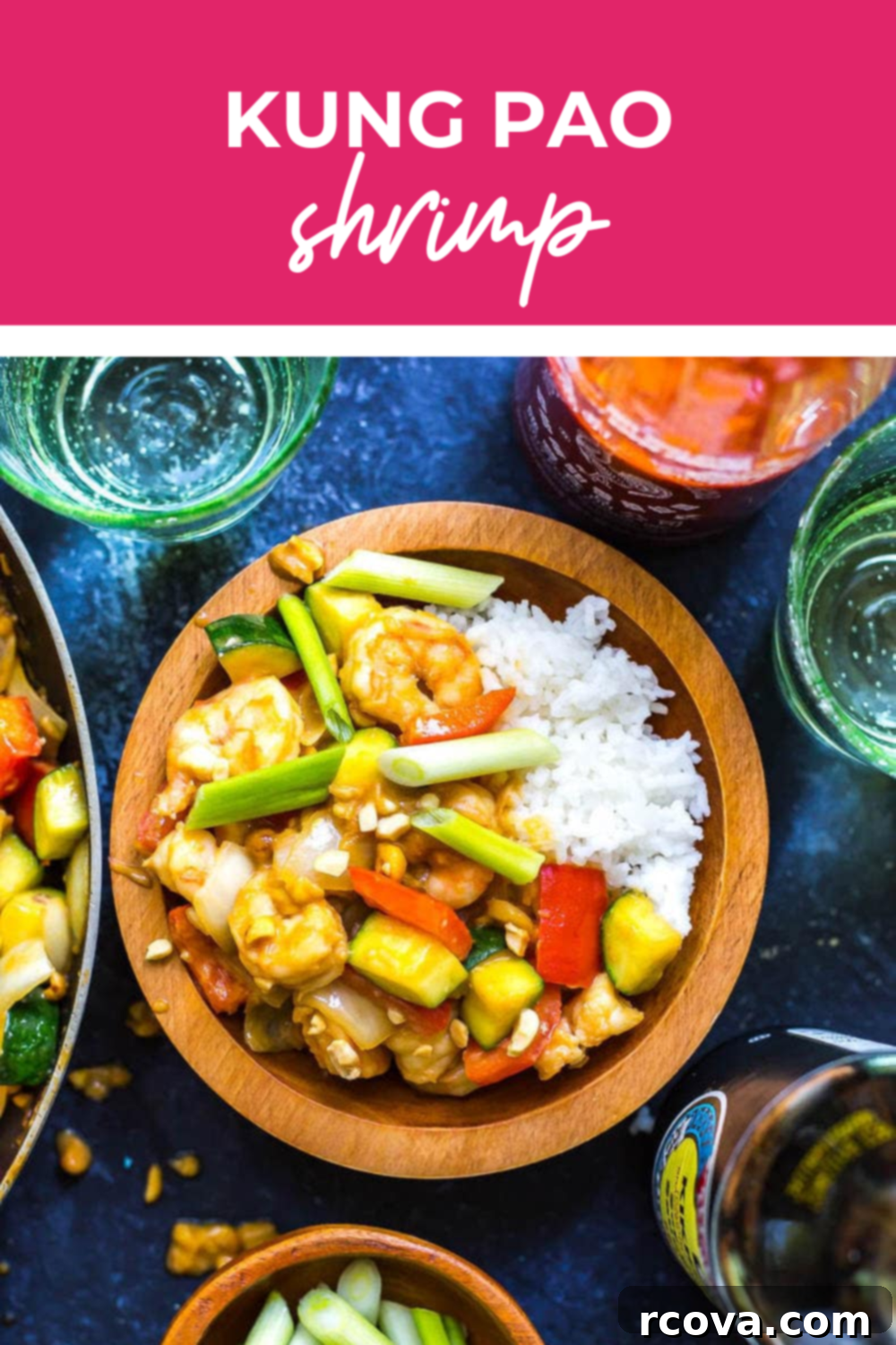 Easy 30-Minute Kung Pao Shrimp 10 Overhead shot of kung pao shrimp in serving bowls, pink banner reading "kung pao shrimp"