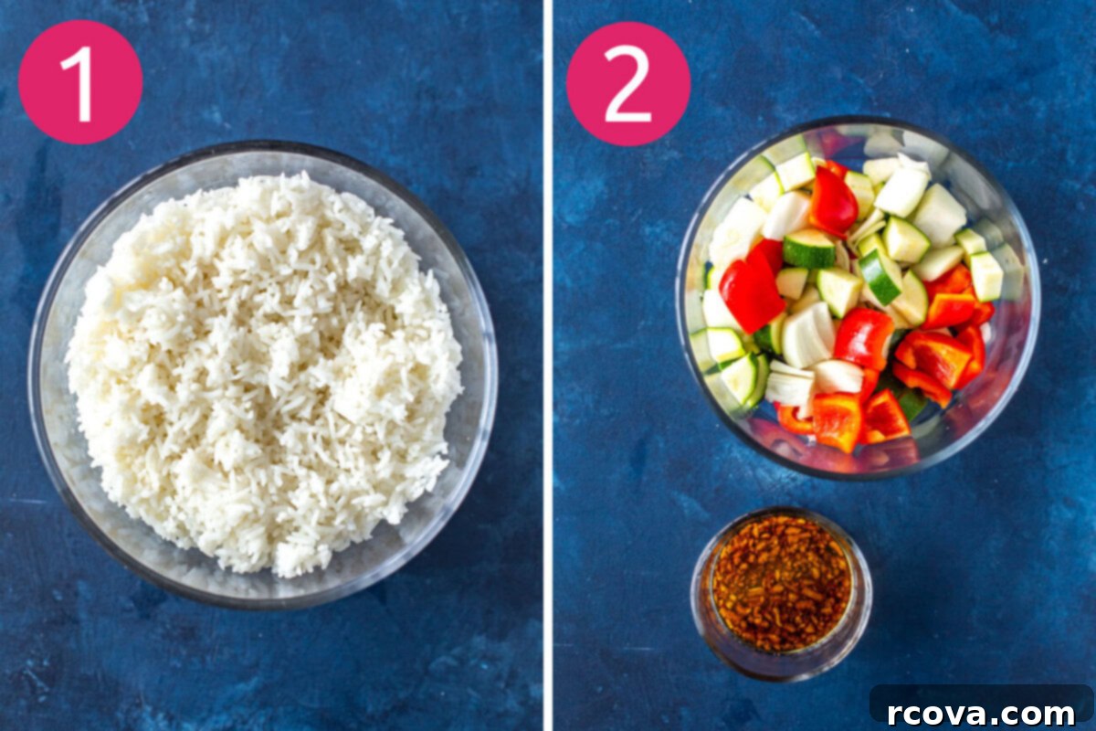 Easy 30-Minute Kung Pao Shrimp 4 Preparation steps for Kung Pao Shrimp: first image shows a rice cooker with steam, symbolizing cooking rice; second image shows a bowl with mixed sauce ingredients and chopped vegetables, indicating prep work.