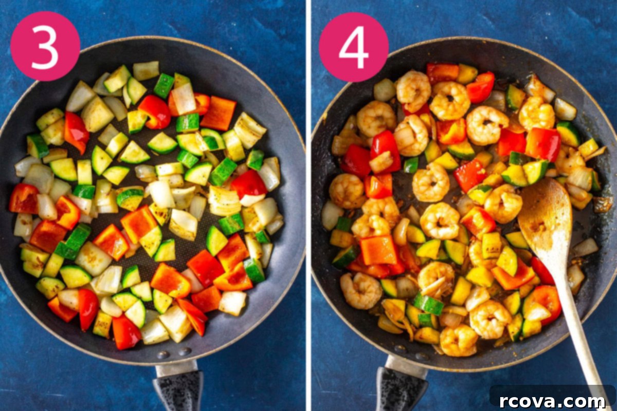 Easy 30-Minute Kung Pao Shrimp 5 Cooking steps for Kung Pao Shrimp: first image shows colorful chopped vegetables sizzling in a hot skillet; second image shows plump shrimp being added to the stir-fry, ready to cook.