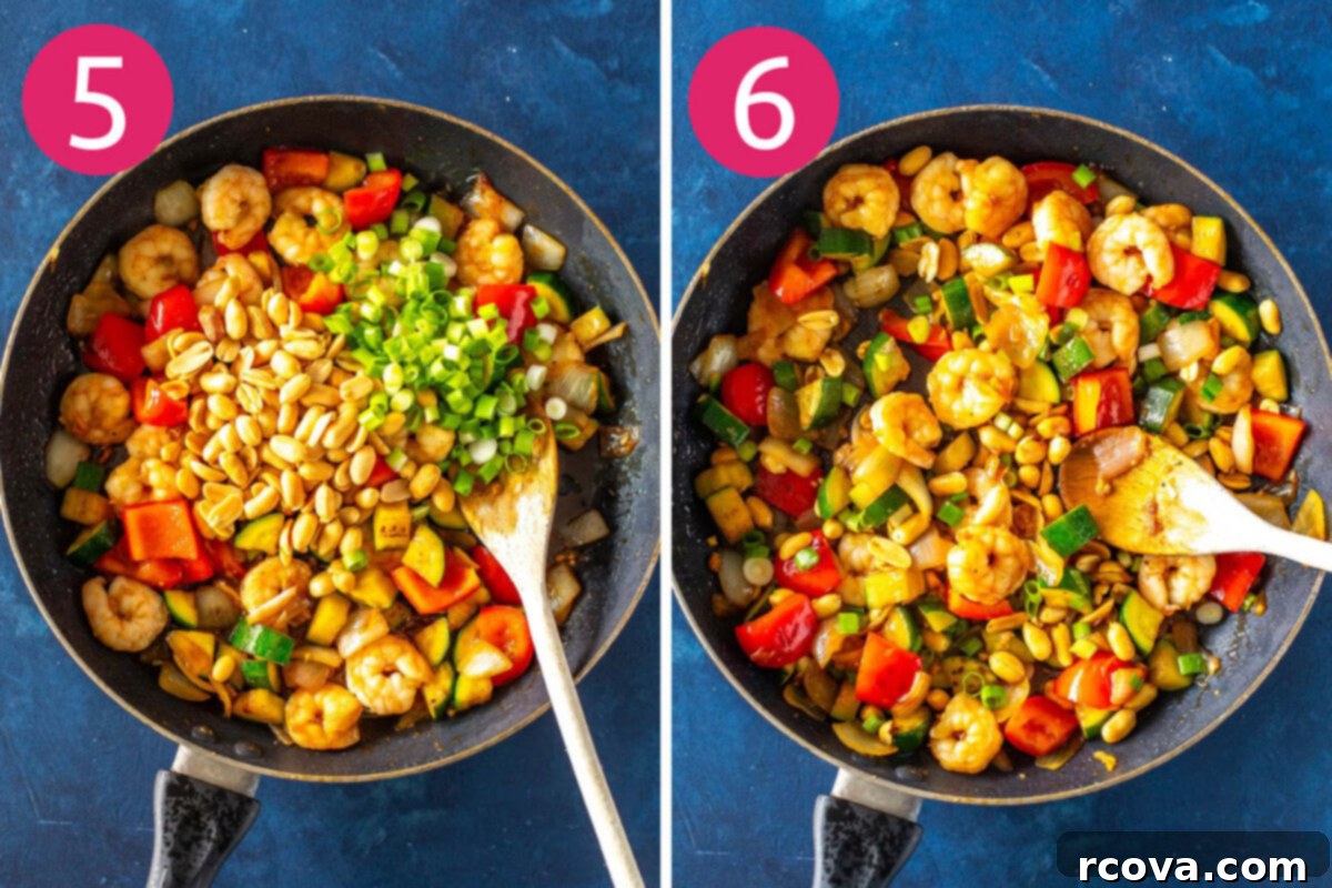 Easy 30-Minute Kung Pao Shrimp 6 Final steps for Kung Pao Shrimp: first image shows chopped scallions and peanuts being stirred into the cooked shrimp and vegetables in a skillet; second image depicts the finished Kung Pao Shrimp served beautifully over jasmine rice in a bowl.