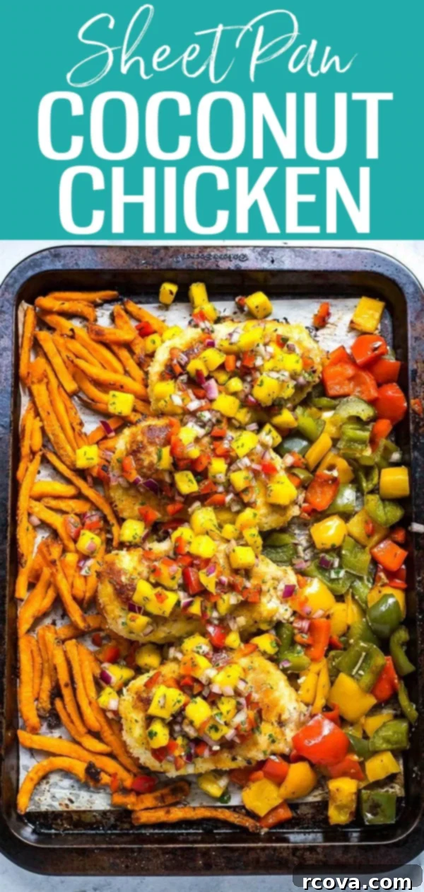 Golden Crispy Coconut Chicken Sheet Pan Dinner 10 Sheet Pan Crispy Coconut Chicken with mango salsa and sweet potato fries is the perfect dinner idea for busy weeknights. #coconutchicken #sheetpan