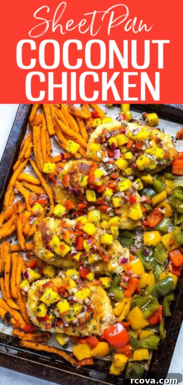 Golden Crispy Coconut Chicken Sheet Pan Dinner 11 This Sheet Pan Crispy Coconut Chicken with mango salsa and sweet potato fries is the perfect dinner idea for busy weeknights. #coconutchicken #sheetpan
