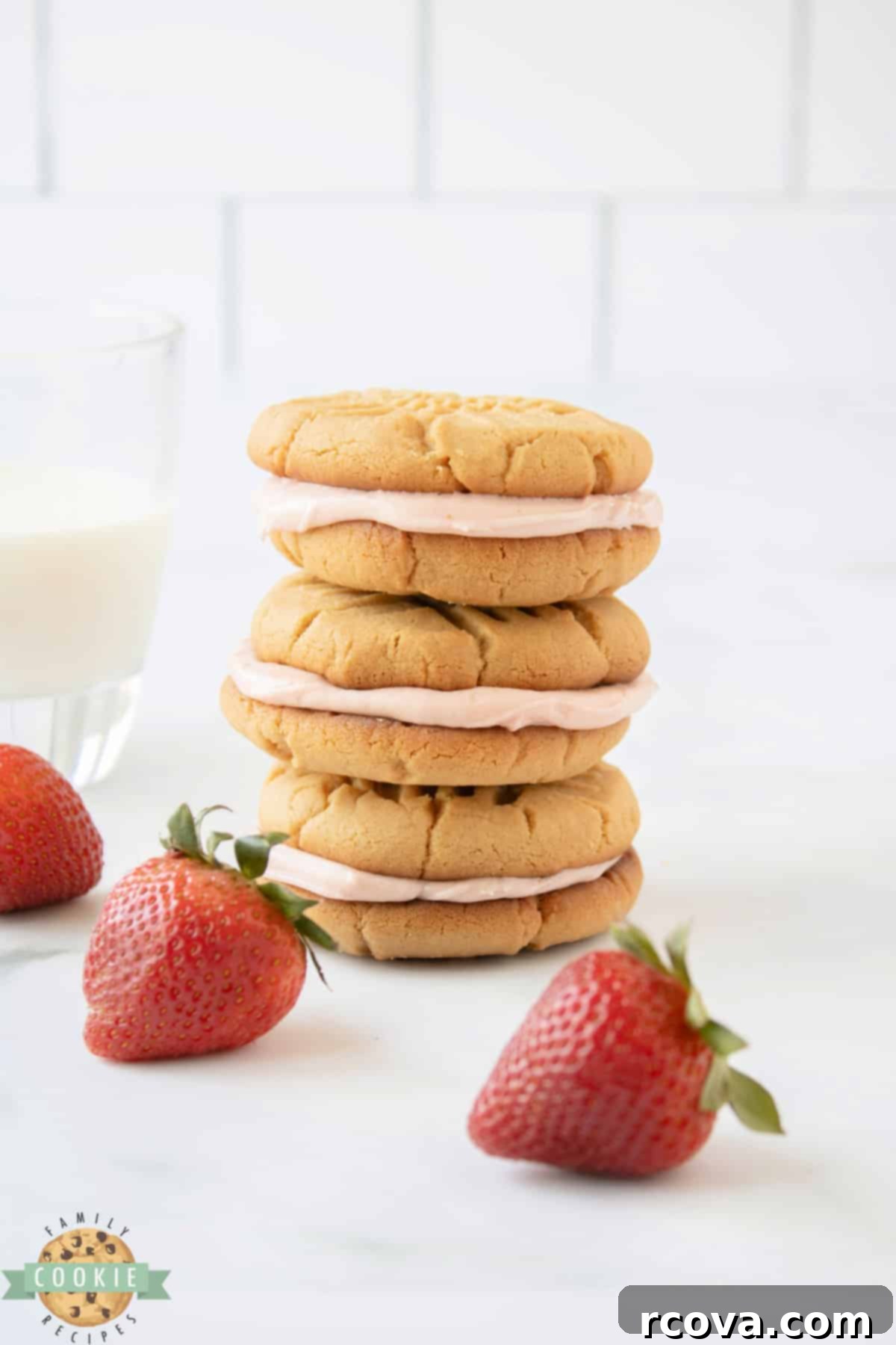PB&J Cookie Delights 11 Peanut Butter and Jelly Sandwich Cookies are made by spreading a creamy strawberry buttercream frosting between two soft and chewy peanut butter cookies.  Your favorite childhood sandwich in the form of a dessert that everyone loves!