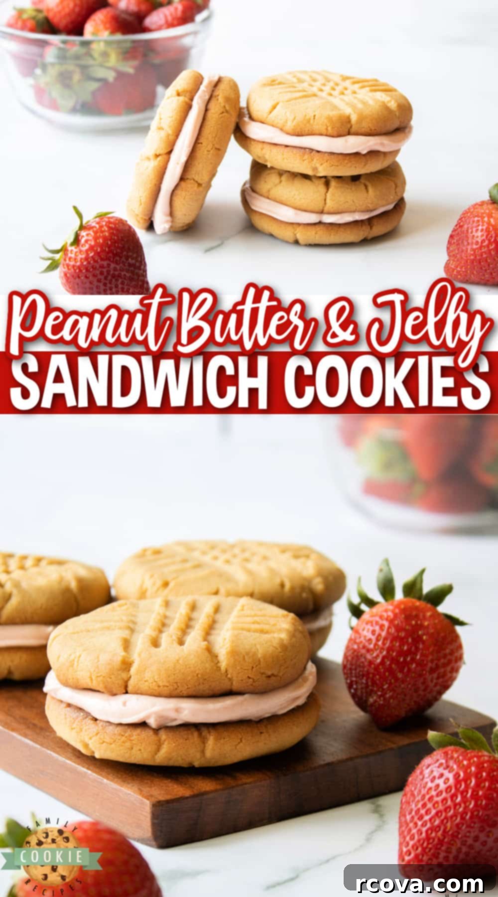 PB&J Cookie Delights 12 Peanut Butter and Jelly Sandwich Cookies are made by spreading a creamy strawberry buttercream frosting between two soft and chewy peanut butter cookies.  Your favorite childhood sandwich in the form of a dessert that everyone loves!