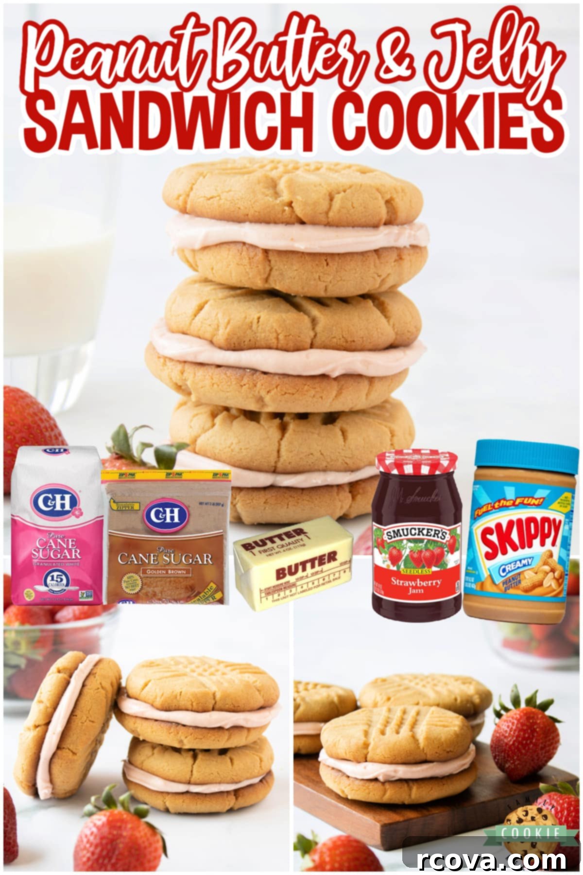 PB&J Cookie Delights 8 Peanut Butter and Jelly Sandwich Cookies are made by spreading a creamy strawberry buttercream frosting between two soft and chewy peanut butter cookies.  Your favorite childhood sandwich in the form of a dessert that everyone loves!