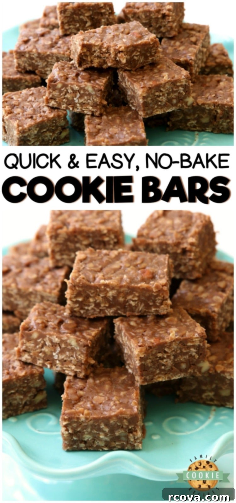 Decadent No-Bake Sweet Squares 11 Pinterest pin for Easy No Bake Cookie Bars recipe from Family Cookie Recipes, featuring a tempting image of the bars