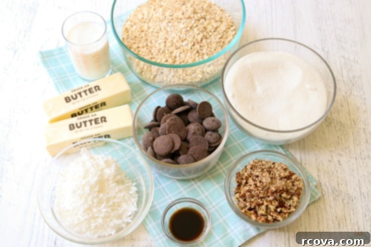 Decadent No-Bake Sweet Squares 3 Close-up of key ingredients for No Bake Cookie Bars, including chocolate chips, quick oats, and butter before mixing