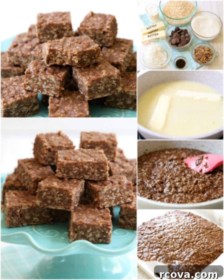 Decadent No-Bake Sweet Squares 7 Process collage showing ingredients, mixing, and the finished No Bake Cookie Bars