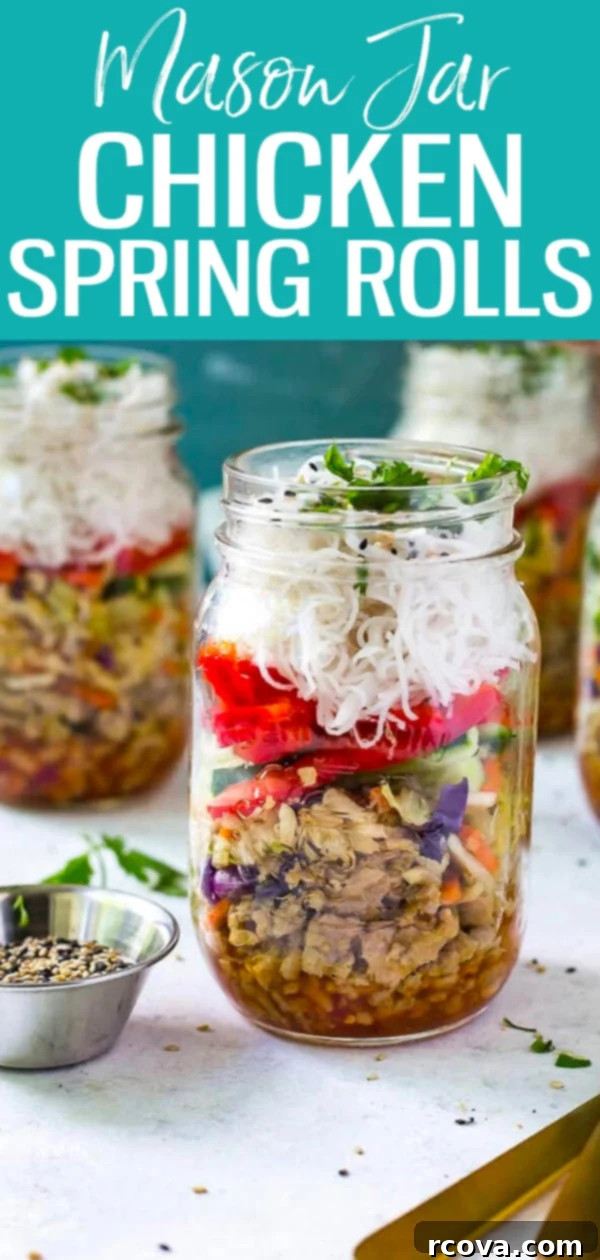 Effortless Chicken Spring Roll Jars 11 These Quick & Easy Chicken Spring Roll Jars are the perfect grab and go lunch with noodles, ground chicken, veggies and sweet chili sauce. #chickenspringroll #masonjars