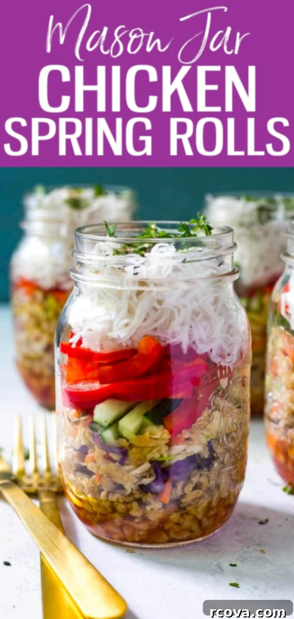 Effortless Chicken Spring Roll Jars 12 These Quick & Easy Chicken Spring Roll Jars are the perfect grab and go lunch with noodles, ground chicken, veggies and sweet chili sauce. #chickenspringroll #masonjars