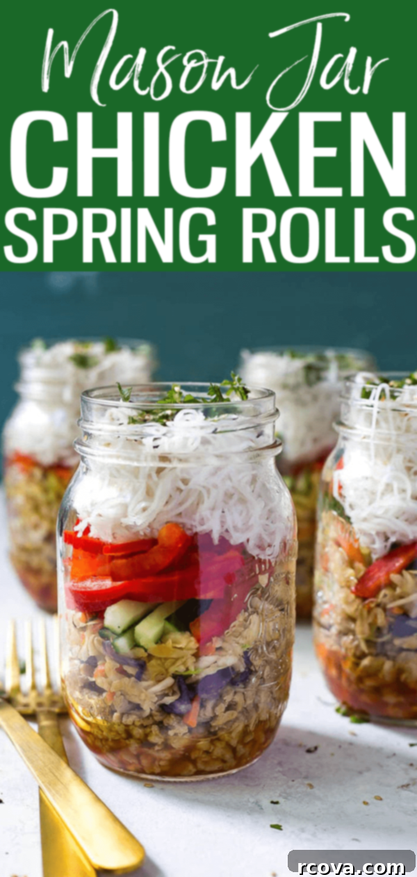 Effortless Chicken Spring Roll Jars 13 These Quick & Easy Chicken Spring Roll Jars are the perfect grab and go lunch with noodles, ground chicken, veggies and sweet chili sauce. #chickenspringroll #masonjars