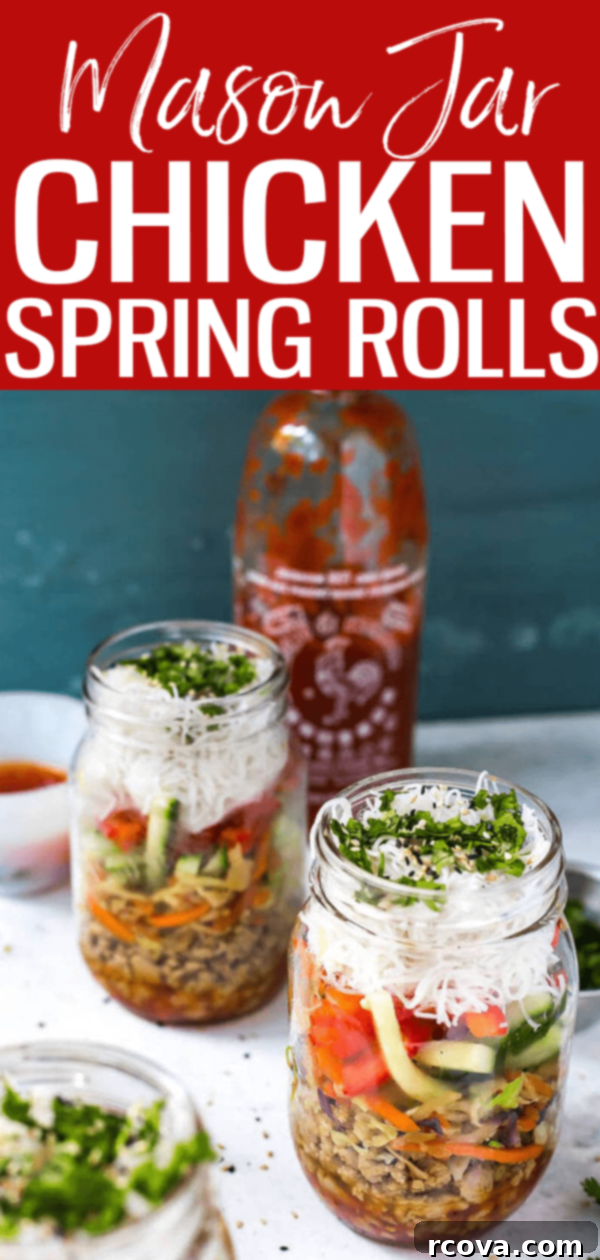 Effortless Chicken Spring Roll Jars 14 These Quick & Easy Chicken Spring Roll Jars are the perfect grab and go lunch with noodles, ground chicken, veggies and sweet chili sauce. #chickenspringroll #masonjars